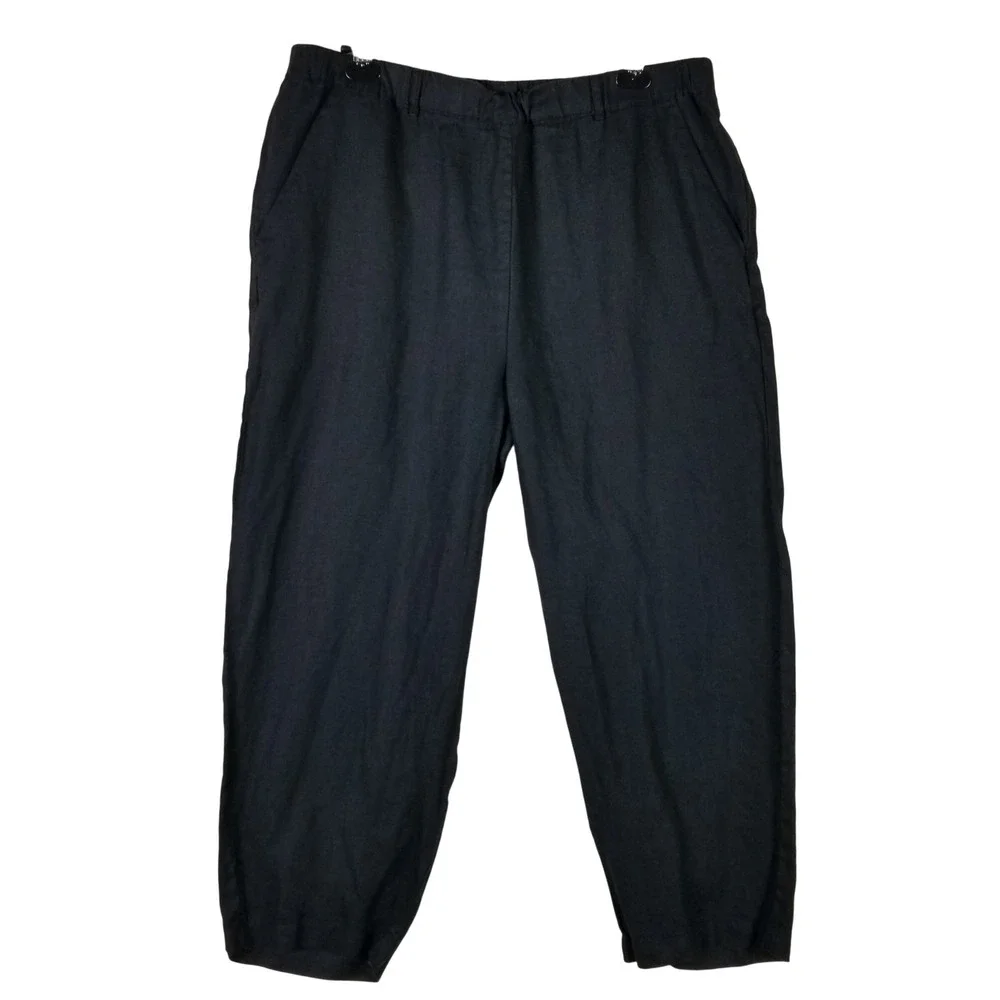 Quince Linen Pants Women XL Black Elastic Waist Tapered Relaxed Sustainable
